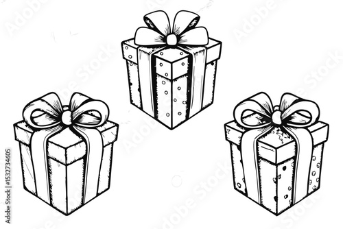 Hand Drawn Gift Boxes with Bows in Black and White Illustration