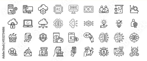 Black and White Line Art Icons Set Technology A I Security Cloud Computing