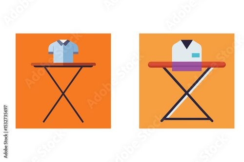 Flat vector illustration of shirts resting on ironing boards against a bright orange backdrop