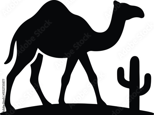 Silhouette camel and cactus desert black and white vector illustration
