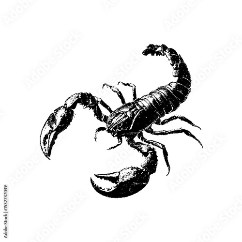 Scorpion Pixel art. The pixels are scattered, dissolve. Vector monochrome style. Abstract random squares, background. Template. Monochrome style.  Vector