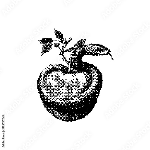 Apple and snake Pixel art. The pixels are scattered, dissolve. Vector monochrome style. Abstract random squares, background. Template. Monochrome style.  Vectores. Vector para descargar