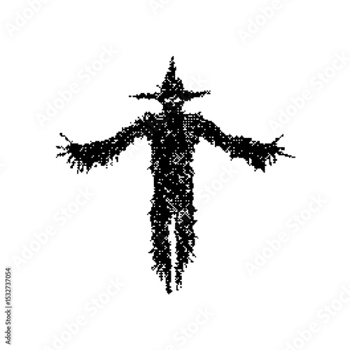 Scare Crow Pixel art. The pixels are scattered, dissolve. Vector monochrome style. Abstract random squares, background. Template. Monochrome style.  Vectores. Vector para descargar