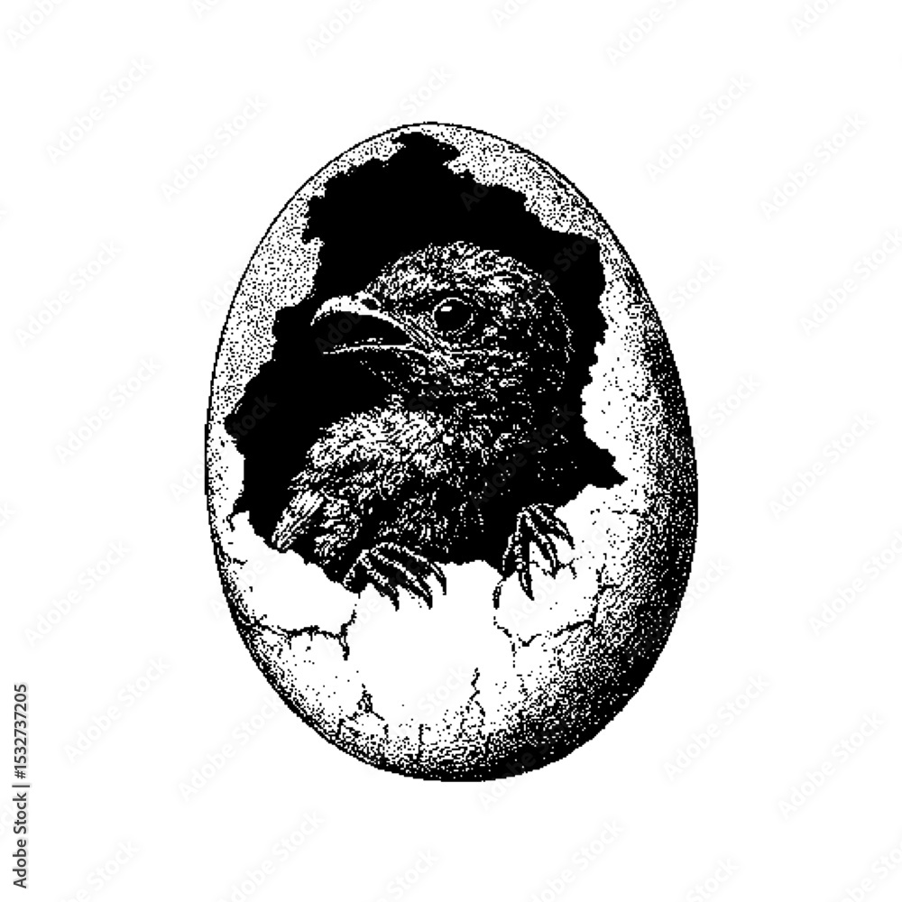 Chicken inside an egg Pixel art vector. The pixels are scattered, dissolve. Vector monochrome style. Abstract random squares, background. Template. Monochrome style. ilustracion en vector 
