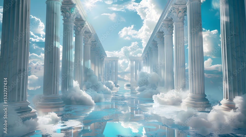 Obraz premium Heavenly Temple Above the Clouds with Blue Sky 