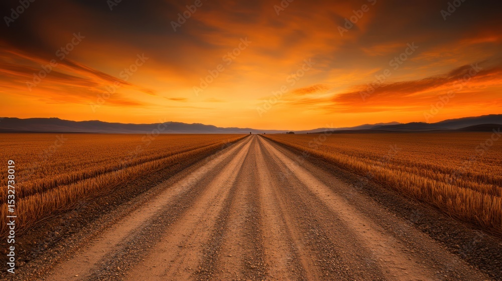 Naklejka premium A rural empty dirt road at sunset, golden fields stretching out to the horizon under an orange sky.