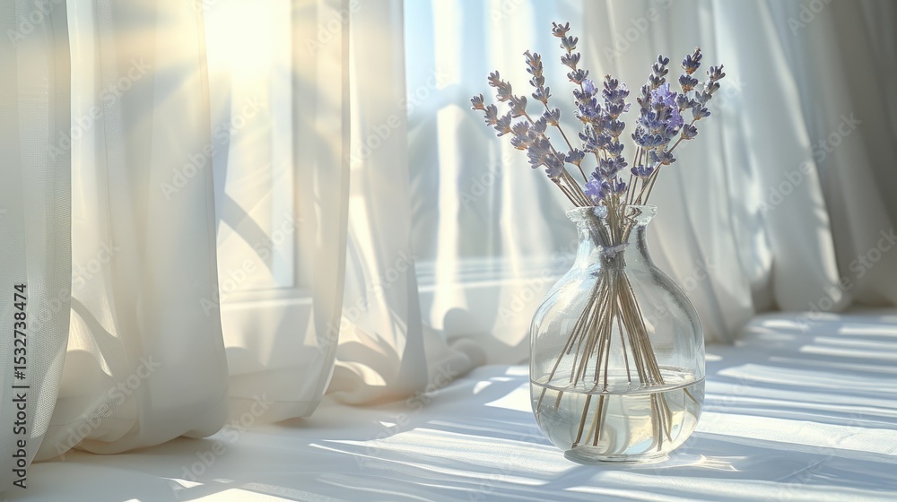 Dried lavender stems in a clear glass bottle, sunlight streaming through a window, soft shadows, serene and simple Dried lavender stems in a clear glass bottle, sunlight streaming through a window, soft shadows, serene and simple