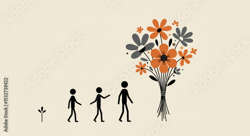 Stick figure transforming into blooming retro flowers – symbolic growth vector illustration