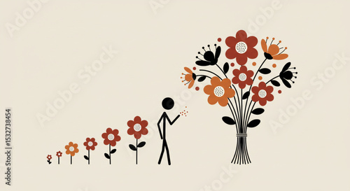 Stick figure transforming into blooming retro flowers – symbolic growth vector illustration