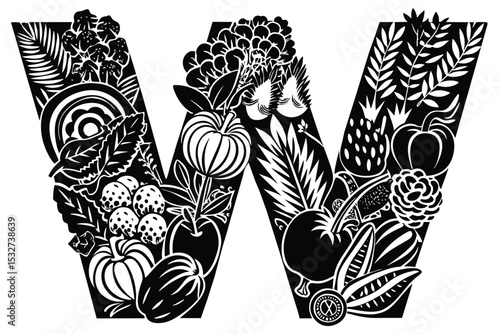 Botanical Illustration A Flourishing 'W' Design Featuring Fruits, Vegetables, and Leaves