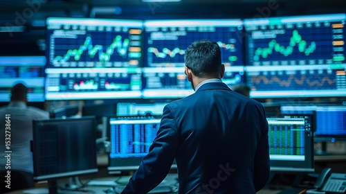 Man analyzing financial data on multiple screens in a modern office environment from behind