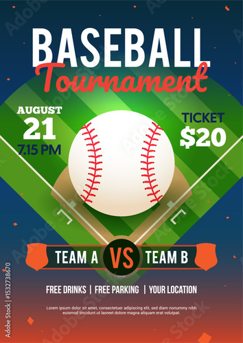 Baseball tournament poster vector illustration. A ball in a baseball field