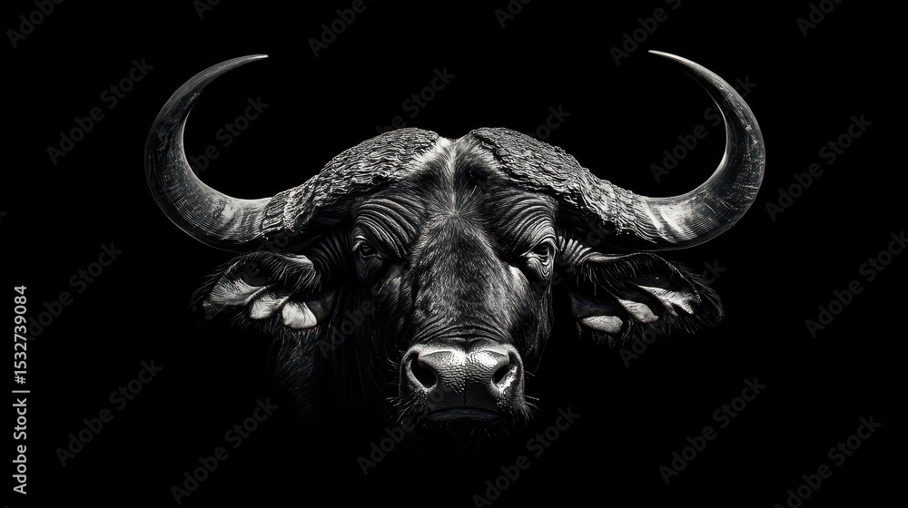 Naklejka premium Stunning Monochrome Portrait of a Majestic African Buffalo Bull Showcasing Impressive Horns and Sturdy Presence