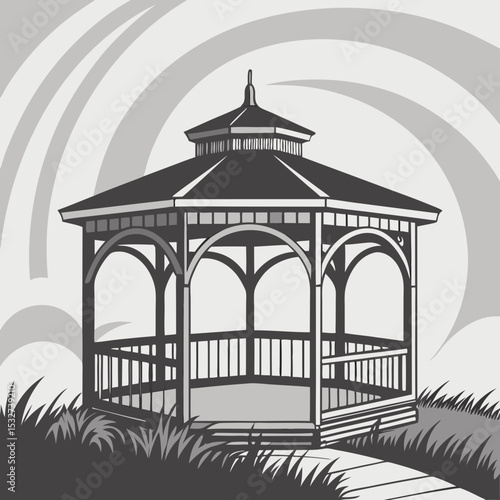 gazebo, spectral plains, prismatic reflections, grayscale, ethereal plain background, uplifting mood, structured frame.