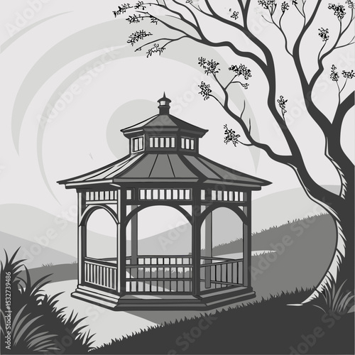 gazebo, spectral plains, prismatic reflections, grayscale, ethereal plain background, uplifting mood, structured frame.
