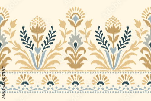 Ikat flower pattern, oriental traditional ikat design on beige background, vector illustration in Aztec style with abstract background, perfect for texture, fabric, clothing, and decoration.