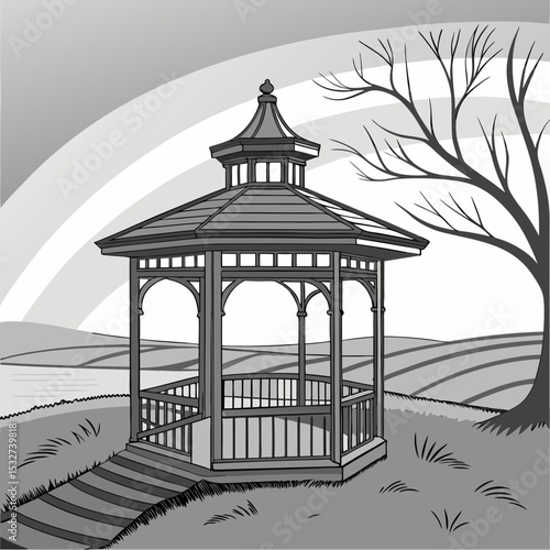 gazebo, spectral plains, prismatic reflections, grayscale, ethereal plain background, uplifting mood, structured frame.