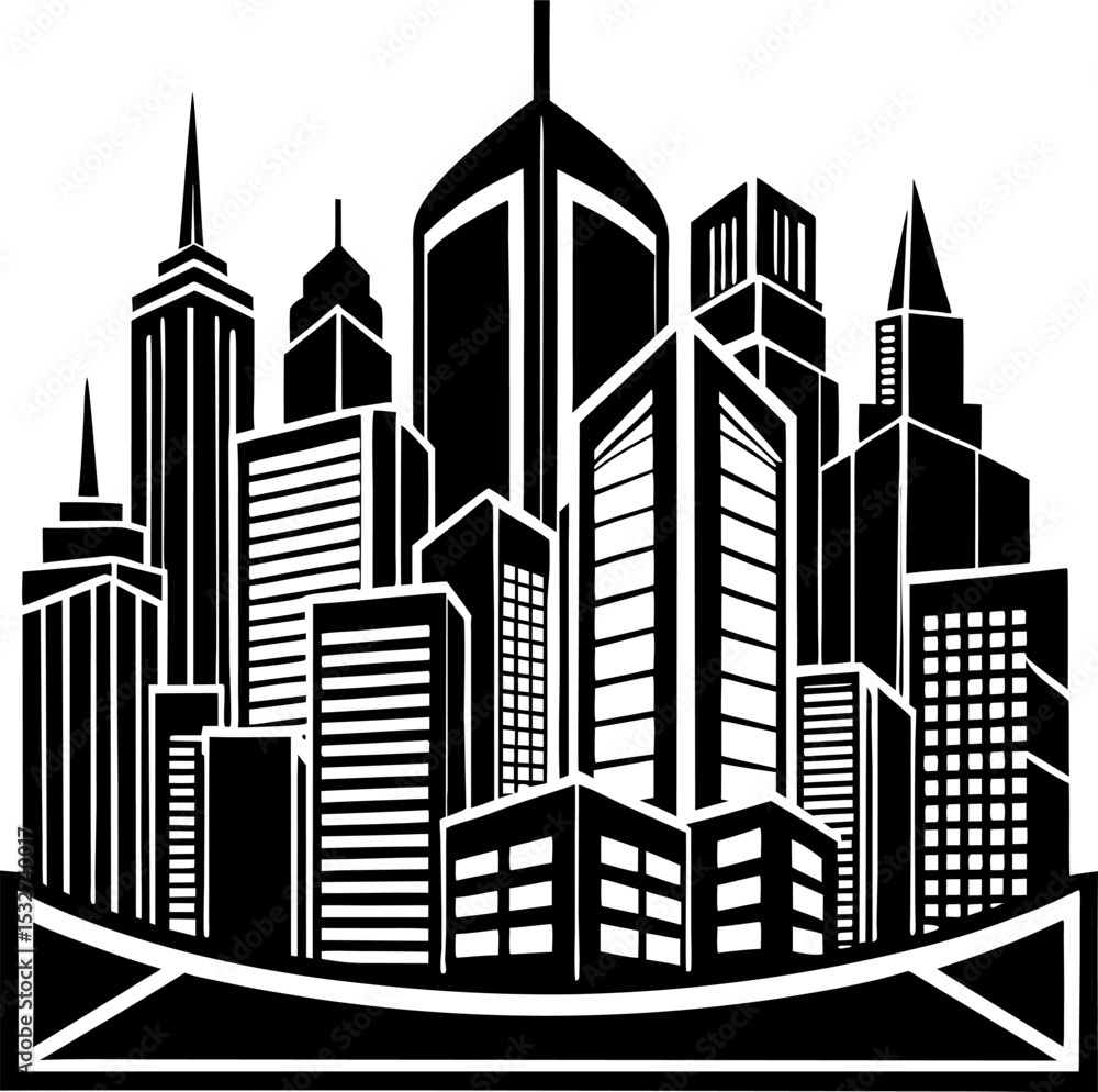 Fototapeta premium Urban Skyline A Cityscape Illustration, Black and White Vector Graphic Design