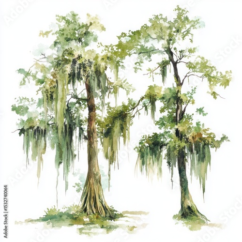 Watercolor painting of two cypress trees draped with Spanish moss on white
