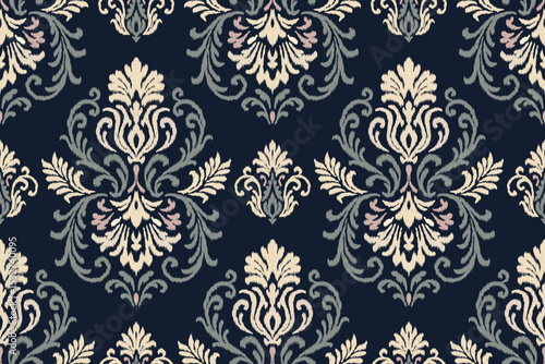 Floral ikat embroidery with ethnic Aztec style in seamless traditional textile illustration, perfect fabric pattern design for texture, clothing, and decoration.