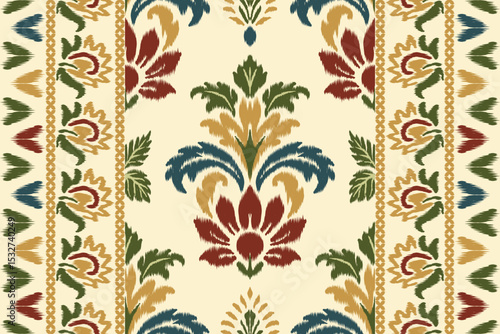 Floral ikat seamless pattern with ethnic embroidery and Aztec elements, perfect for traditional textile illustration and stylish fabric design.