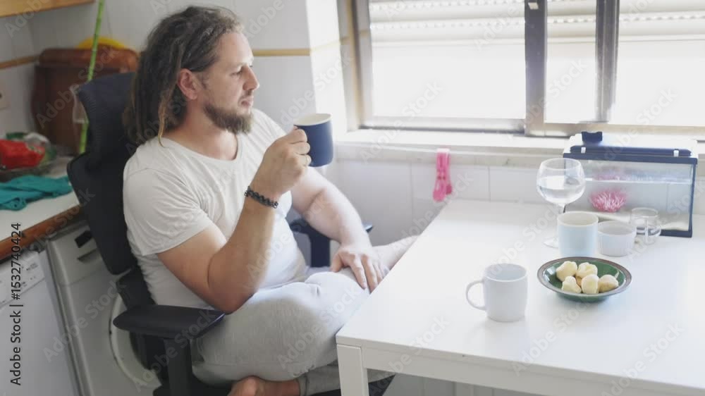Man sitting at kitchen table drinking coffee and relaxing Man sitting at kitchen table drinking coffee and relaxing