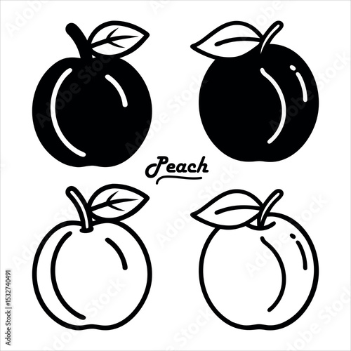 Stylish black and white vector illustration of four peaches with leaves and stem elements