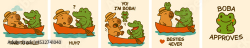 Cute comic strip with capybara, crocodile and frog in a boat – friendship, chill time, and wholesome humor – kawaii animal meme panel in cartoon style for stickers, prints, and merch