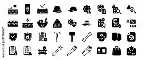 Black Glyph Icons Set Skin Protection Tools Sun Hats Documents Checklist Hammer Wrench Saw