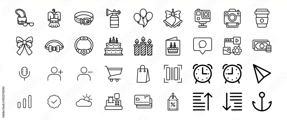 Fototapeta premium Black Line Icons Bundle 102 Diverse Collection Shopping Birthday Party