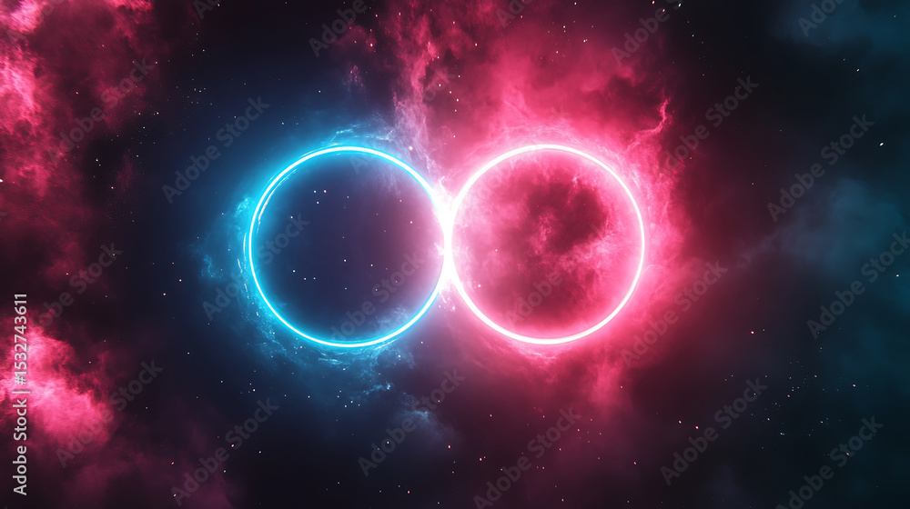 Fototapeta premium Cosmic Collision Two Neon Rings Intertwined in a Nebula of Pink and Blue Hues Creating a Futuristic Abstract Space Scene, Background Image, Wallpaper, ai Generated