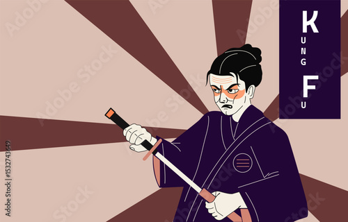 Chinese kung fu master. Flat design vector, Japanese Ninja With Katana Fighting Pose Silhouette Vector Illustration.