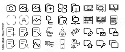 Black Line Icons Set Media Content Management Upload Download