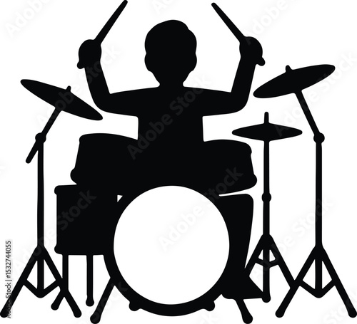 Silhouette drummer performing on drums vector illustration