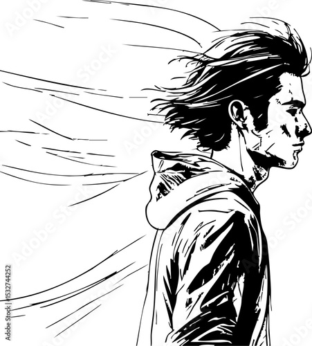 Wallpaper Mural Dynamic motion of a young man in a windy urban setting artistic black and white side view of freedom Torontodigital.ca