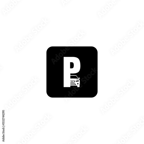 Modern Car Logo Design White Letter P with Car Silhouette on Black Background
