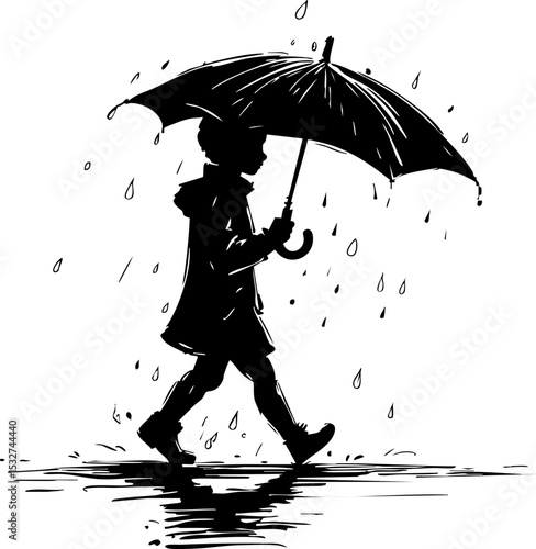 Walking in the rain with an umbrella urban city streets moody environment side view resilience in adverse weather