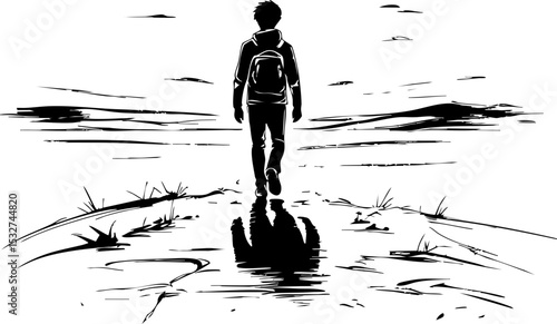 A young explorer walking through serene nature trails scenic landscape black and white reflecting on life's journey