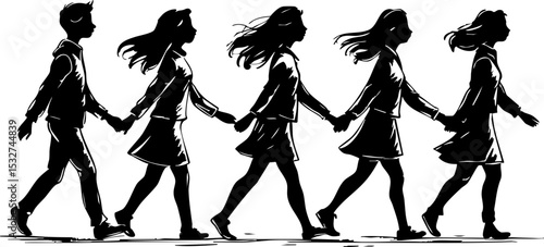Children walking hand in hand urban park silhouette art evening light side view togetherness