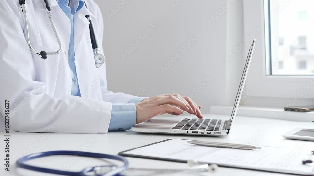 Doctor woman is typing on a laptop with a stethoscope, medical record, and pen on the desk in a bright medical office, showcasing healthcare technology and medical documentation. Medicine concept Doctor woman is typing on a laptop with a stethoscope, medical record, and pen on the desk in a bright medical office, showcasing healthcare technology and medical documentation. Medicine concept