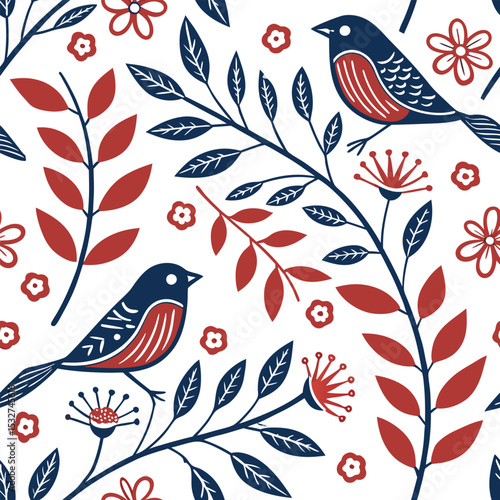 Seamless pattern with two birds, red flowers and blue branches on a white background, flat design, decorative, nature-inspired, vibrant colors, symmetrical arrangement