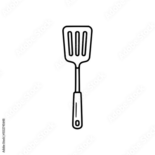 Line art of a kitchen spatula with slotted head and ergonomic handle