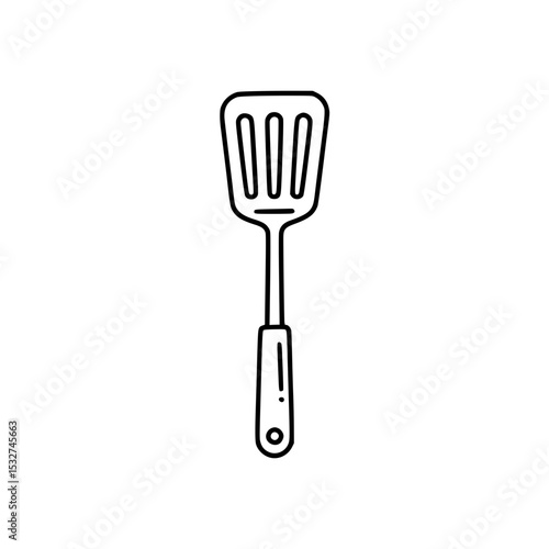 Line art of a kitchen spatula with slotted head and ergonomic handle