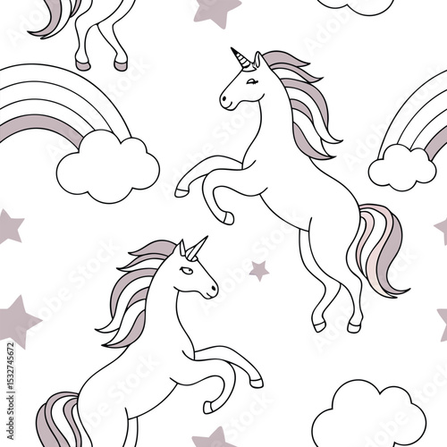Seamless pattern with unicorns, rainbows, clouds and stars, simple line art, white background, cute and whimsical design, pastel colors, children's illustration style