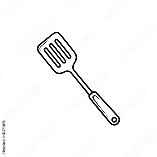 Line art of a kitchen spatula with slotted head and ergonomic handle