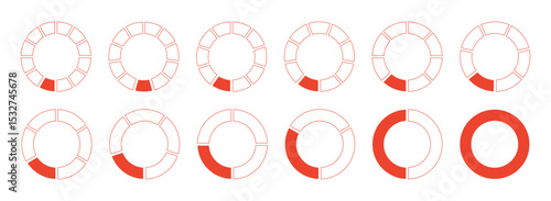 Circles divided diagrams 1, 2, 3, 10, 7, 8, 9, 10, 11, 12 equal parts. Graph pie, pizza shape section charts icons. Coaching blank flat template. Set of red segments wheel round divide infographic. 