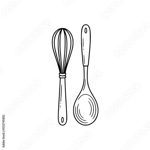 Kitchen utensils illustration featuring spoon and whisk in black line art