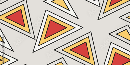 A dynamic composition of triangles in red, yellow, and blue arranged diagonally across a gray background, with thin black borders