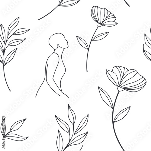 A bald black woman with thin lines, looking up, surrounded by flowers and leaves, on a white background