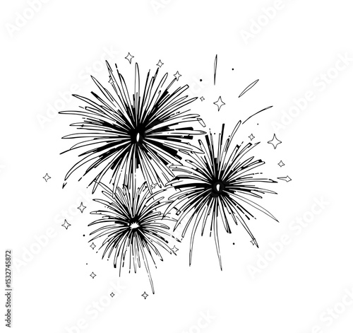 Fireworks Celebration: A dynamic line art illustration showcases three exploding fireworks, radiating energy and celebratory spirit against a white background.
